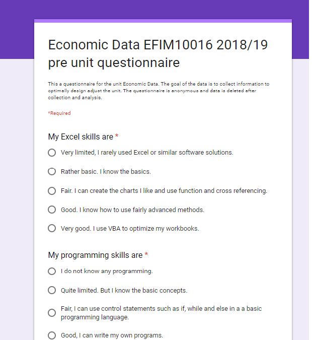 An example of a sample survey using an online questionnaire