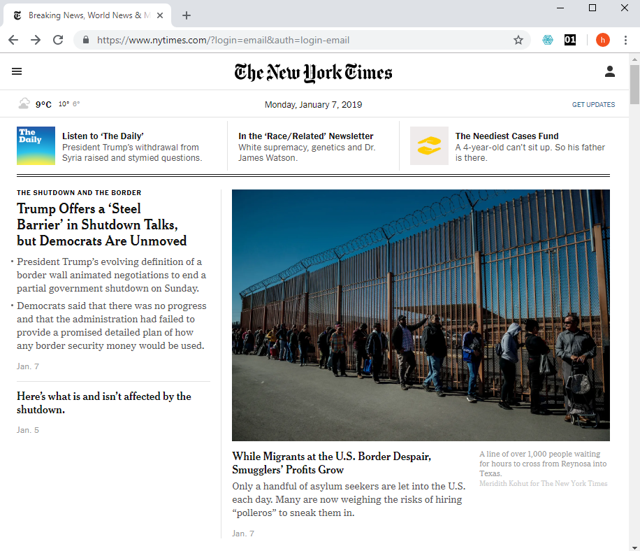 Screenshot from the New York Times website on January 7 2019.Left: Western (Windows 1252) encoding. Right: Unicode UTF-8 encoding.