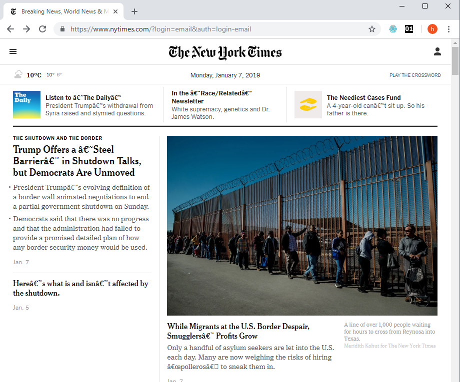 Screenshot from the New York Times website on January 7 2019.Left: Western (Windows 1252) encoding. Right: Unicode UTF-8 encoding.