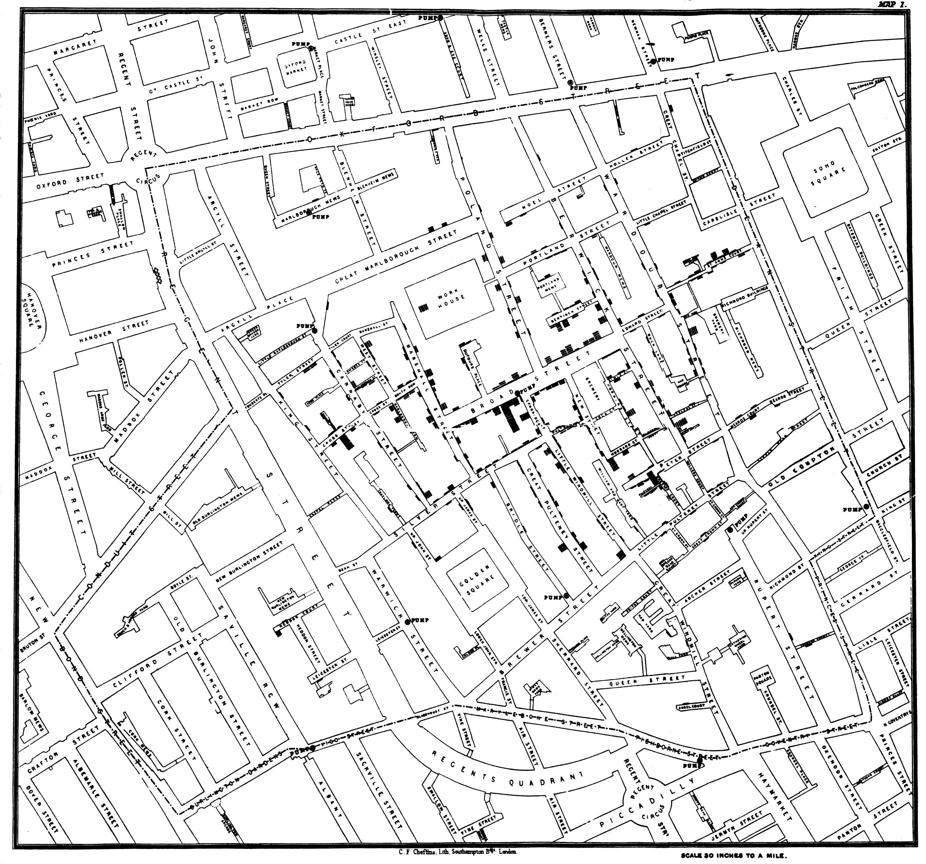 John Snow's map of Cholera deaths in central London. Each line represents a death.Each circle represents a water pump. Source: Wikipedia.